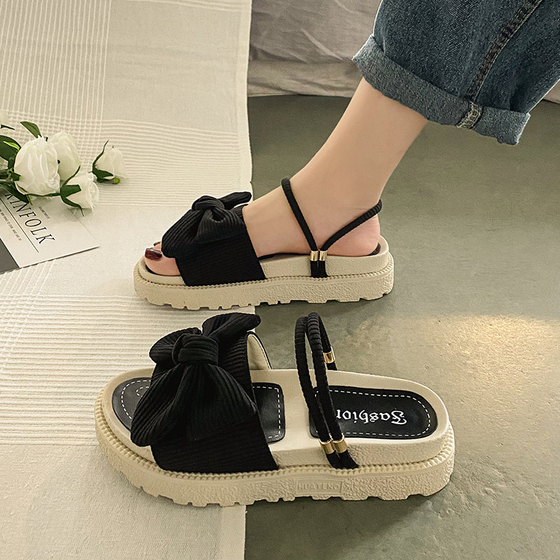 Upgraded Bow BlackInternet celebrity With skirt Sandals female summer Fairy wind 2021 new pattern fashion student Thick bottom ins tide Muffin Flat shoes