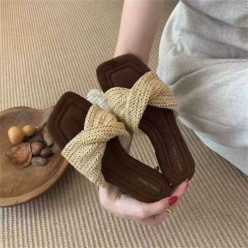 Летние женские плетеные тапочки на толстой подошве с квадратным носком, французские босоножки на танкетке в курортном стиле.