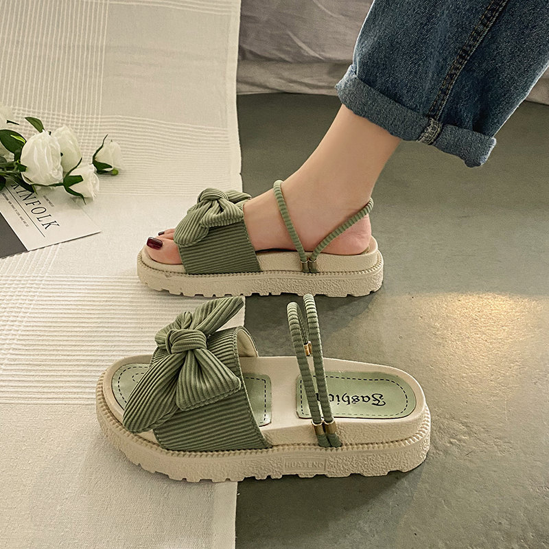 Upgraded Bow GreenInternet celebrity With skirt Sandals female summer Fairy wind 2021 new pattern fashion student Thick bottom ins tide Muffin Flat shoes