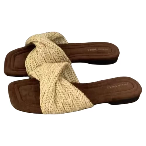 Летние женские плетеные тапочки на толстой подошве с квадратным носком, французские босоножки на танкетке в курортном стиле.