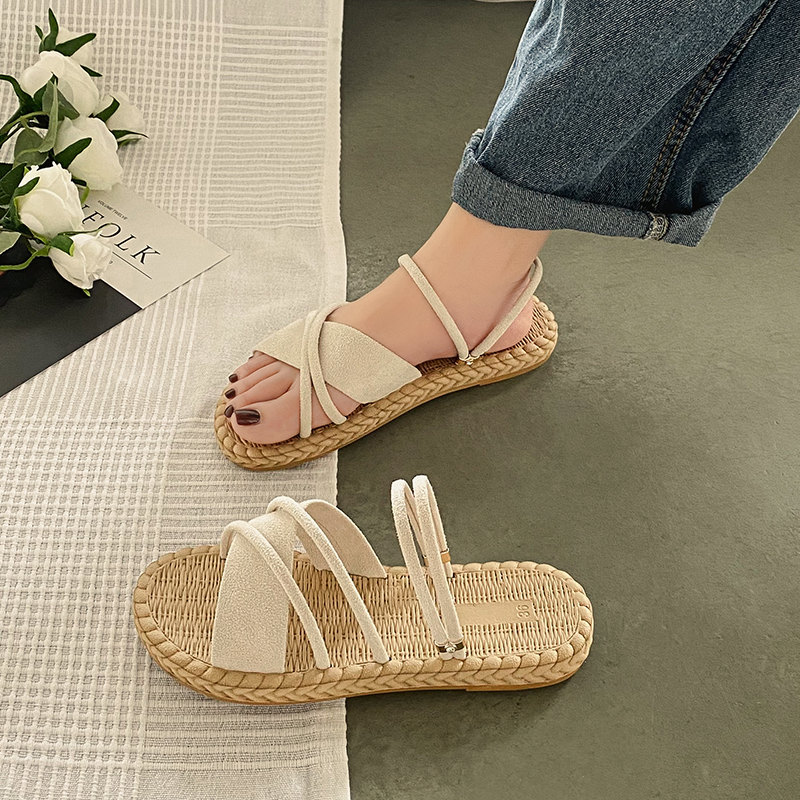Flat BeigeInternet celebrity With skirt Sandals female summer Fairy wind 2021 new pattern fashion student Thick bottom ins tide Muffin Flat shoes