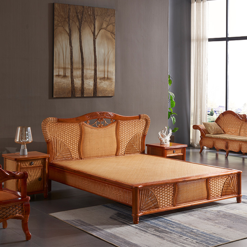 Southeast Asia hotel furniture bedroom rattan double bed homestay inn rattan art bed real rattan solid wood 1 8 big bed