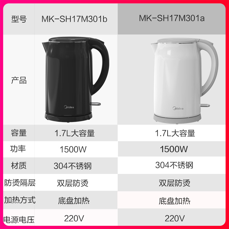 美的 304不锈钢电热水壶 1.7L 进口温控器 图1