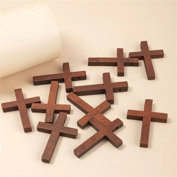 European and American Cross-Border Cross Necklace, Coffee-Colored Wooden Sweater Chain, Vintage Versatile Missionary Wooden Cross Pendant