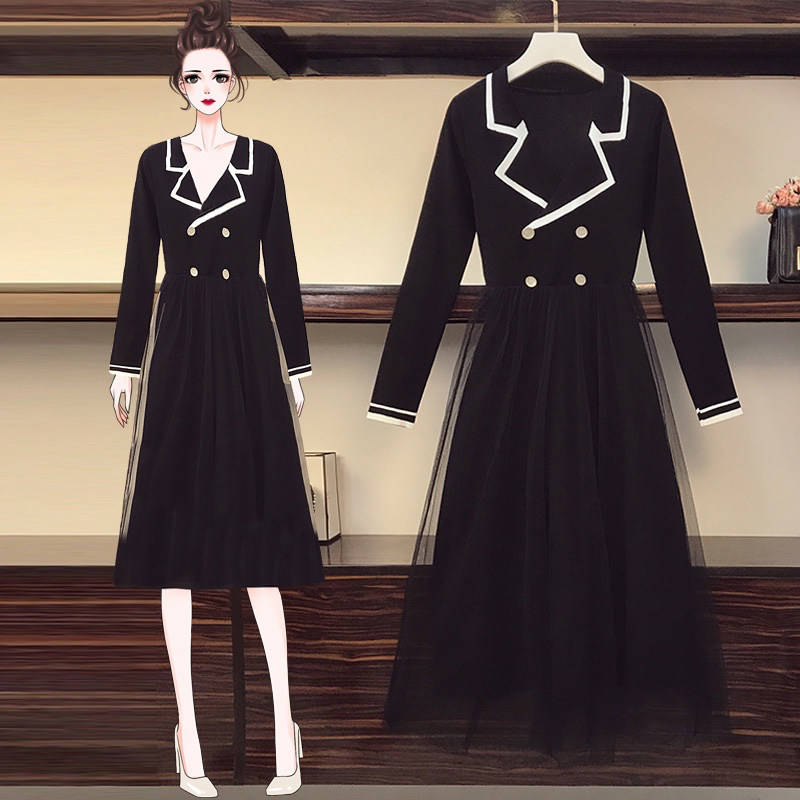 2022 spring large size woman dress fat sister Ocean dress new display mesh yarn long sleeve black knit slim fit little black dress