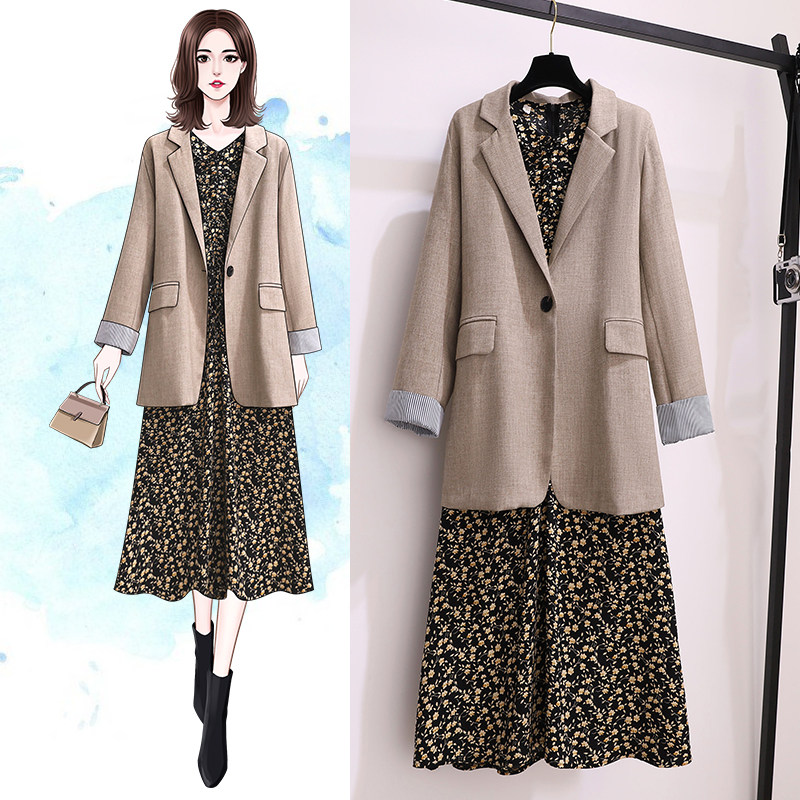 Large Size Yard Dress Women Suit 2022 Spring New Suit Slightly Fatter sister Conspicthin Covered flesh and chopped dress Two sets