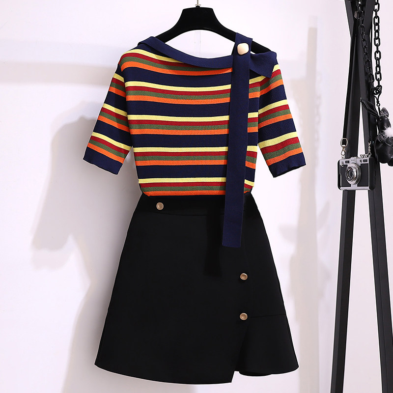 Large size women's dress 2022 Summer new stripes Short sleeves Half body dress Fat Sister Lean and slim down Two-style suit