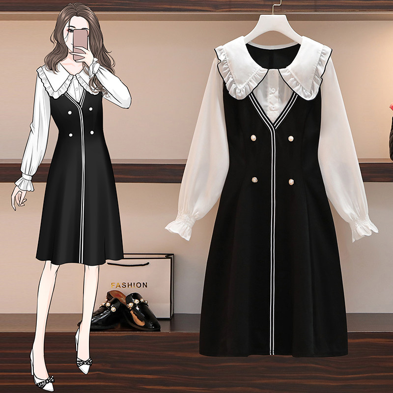 Large size dress 2021 spring new women's fat mm thin cover flesh chiffon long sleeve Hepburn wind small black skirt