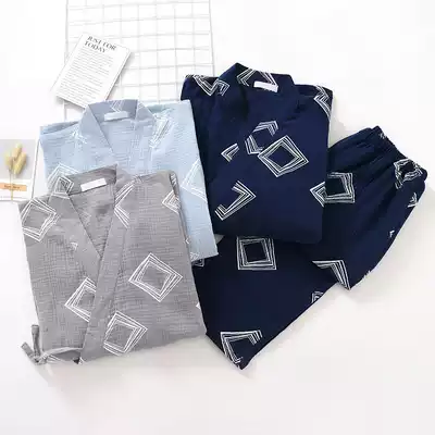 Japanese kimono men Spring and Autumn cardigan double gauze crepe loose large size casual home clothing cotton pajamas