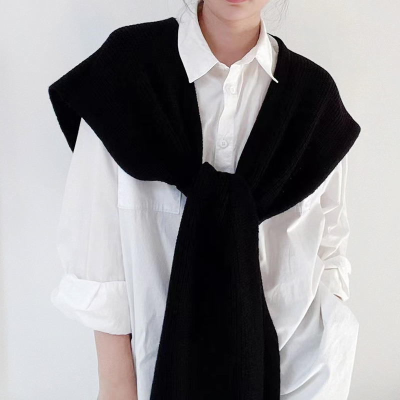 Large Knitted Shawl for Women, Versatile for Autumn and Winter, Decorative Sweater Scarf, Fake Collar, Black Solid Color Cape, New Style