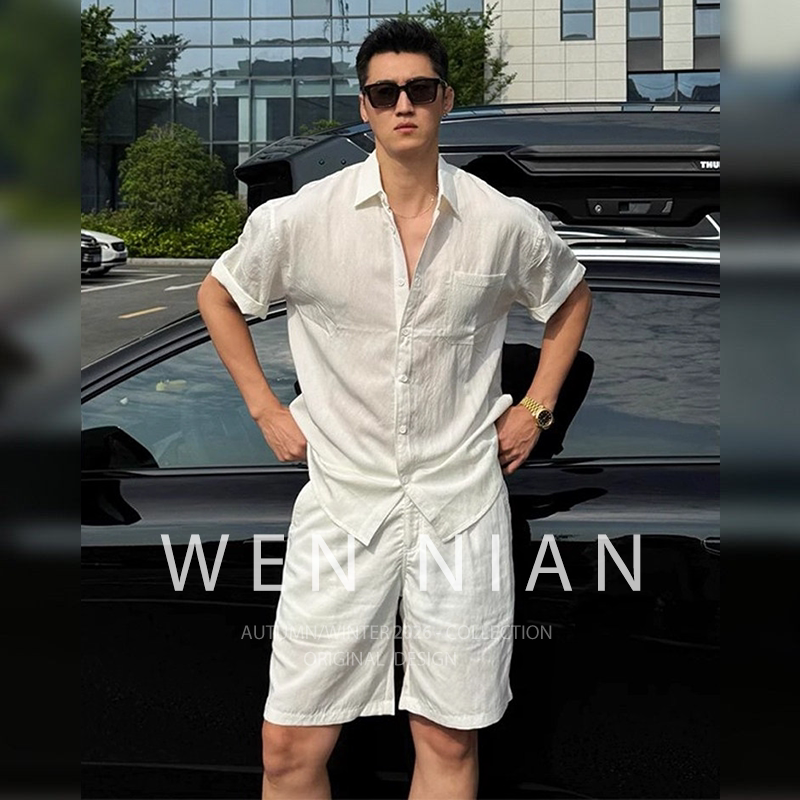 Korean Wen Nian Casual Style Linen Shirt for Men 2026 Summer New Style Relaxed Lightweight Sun Protection Set