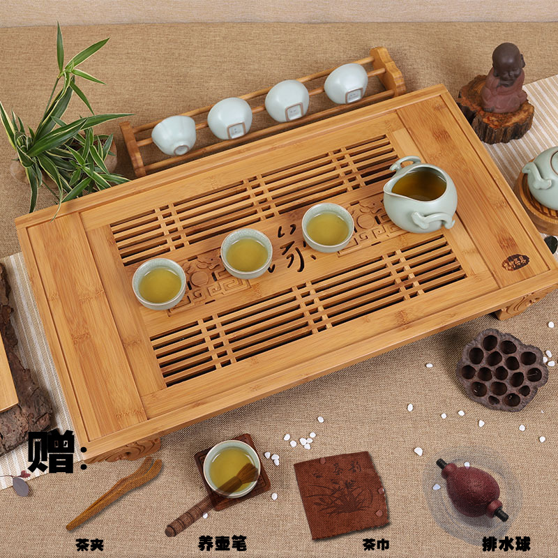 Chinese Retro-Style Bamboo Water Storage and Drainage Tea Tray, Wealth-Promoting Tea Ceremony Set, Kung Fu Tea Set