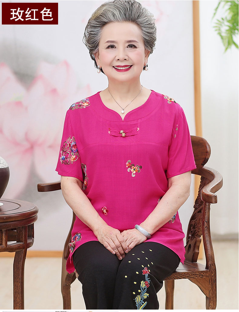 Bà đầm tuổi trung niên mặc váy bà mẹ cổ tròn thêu tay ngắn hai dây quần áo cũ - Quần áo của mẹ áo sơ mi nữ trung niên đẹp