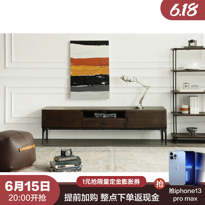 Retro TV Cabinet Nordic Ancient Wind Cast Iron Imported Oak Wood Solid Wood Light Extravagant Dark Black TV Cabinet 