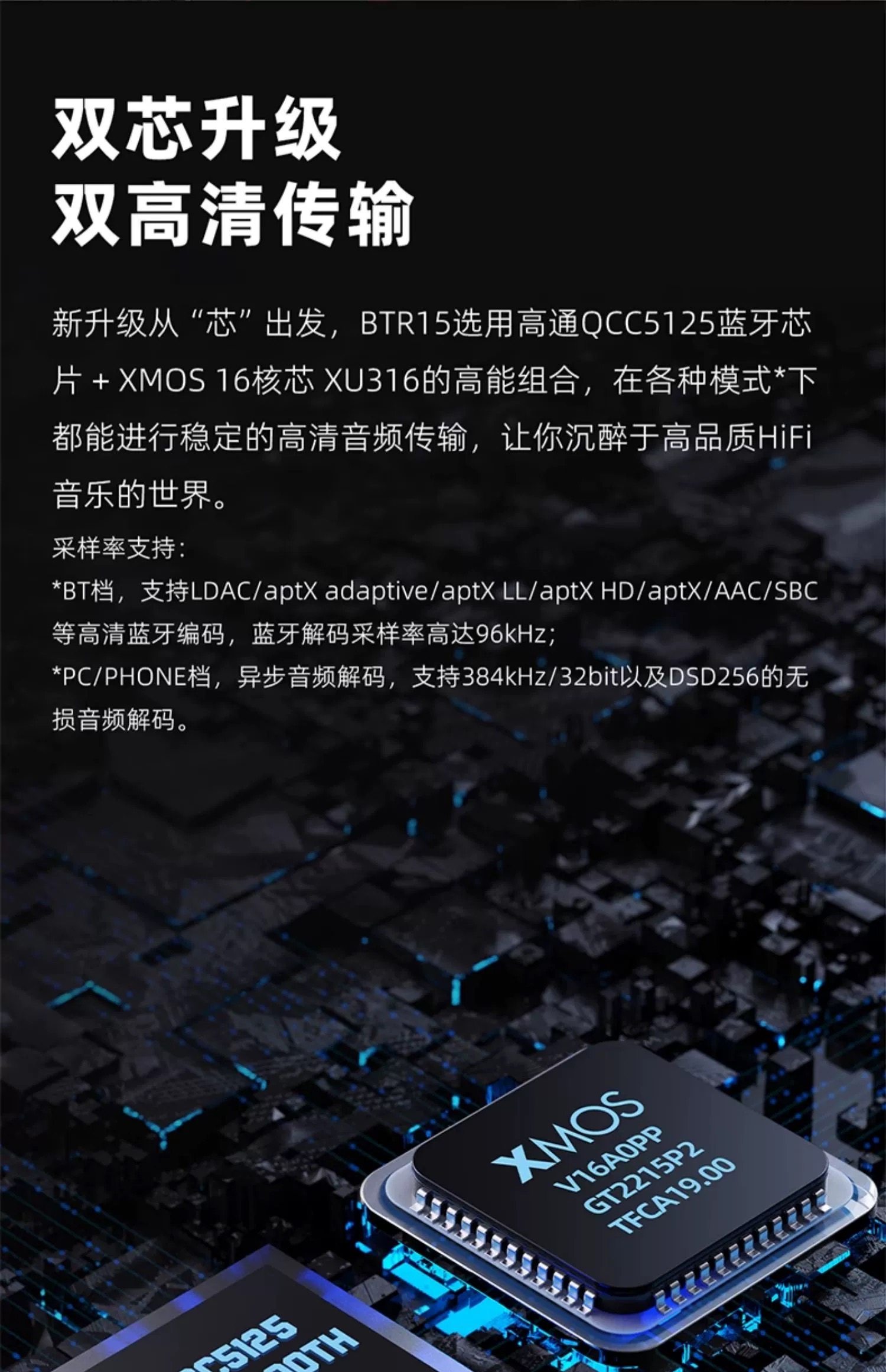 FiiO BTR15 displaying various high-resolution audio codecs like LDAC 96K and aptX HD.