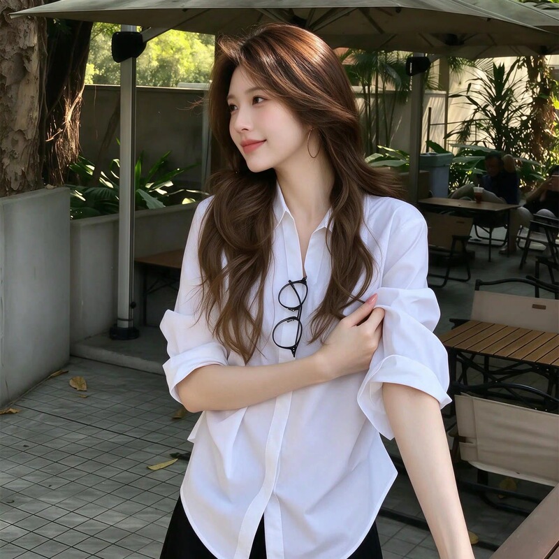 Sadsoil Basic White Pleated Shirt for Women, Spring and Summer Loose Casual Long-Sleeved Atmospheric Top Shirt for Women
