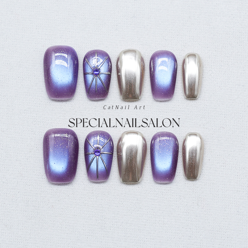 [Purple Mist Galaxy] Handmade Wearable Nails Grape Purple Cat Eye Unique Exotic Style Niche High-End Nail Art Pieces