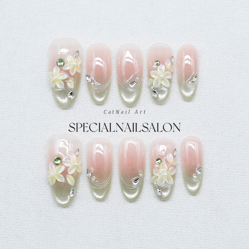 【Liu Jing Garden】Handmade Wearable Nail Art Mint Green Gradient Cat Eye 3D Carved Flower Whitening Nail Stickers