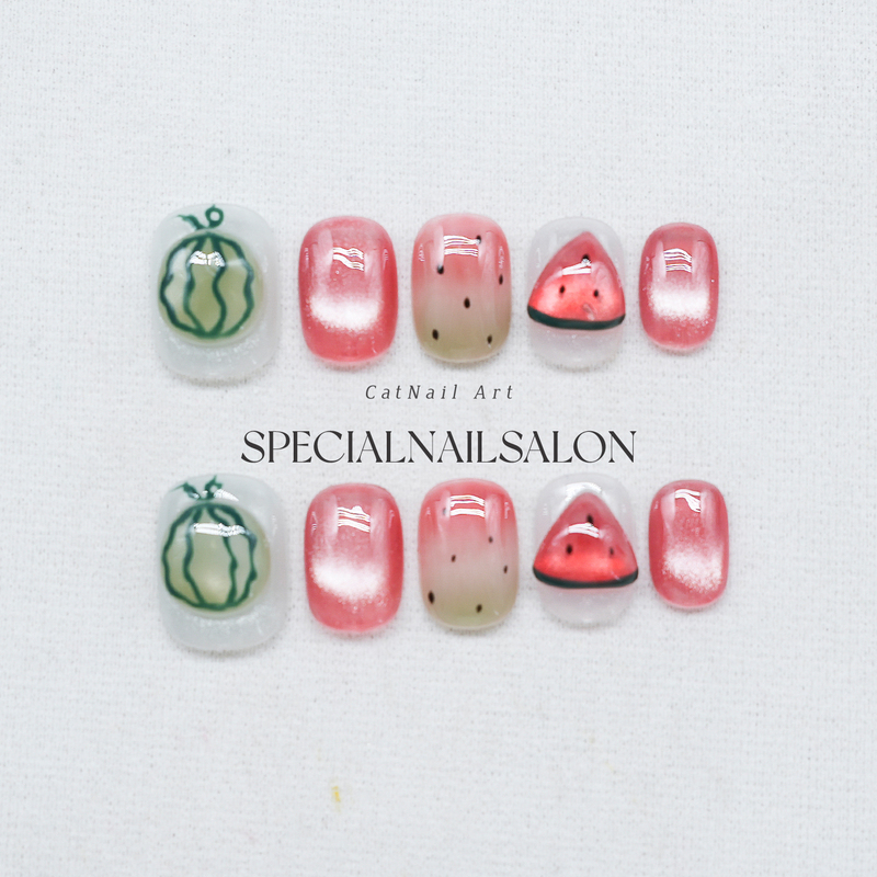 【Watermelon Ice Extract】Handmade Wearable Nails Summer 3D Ice Smoothie Watermelon Cat Eye High-End Whitening Nail Art Pieces