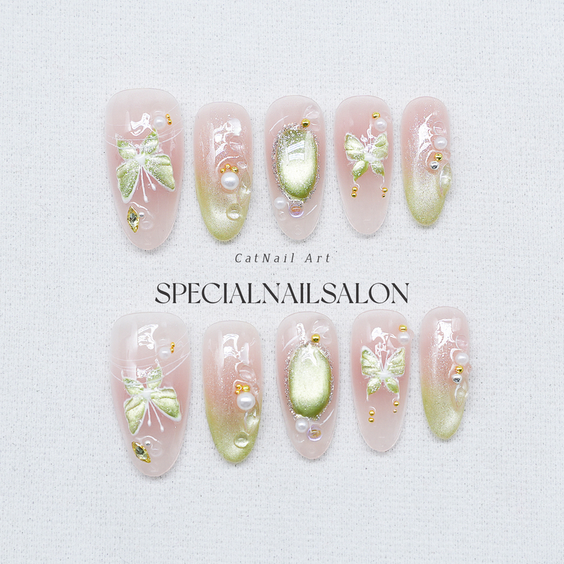 【Spring Wild Butterfly Dream】Handmade Wearable Nails Mint Green Gradient Cat Eye Butterfly High-End Summer Nail Stickers