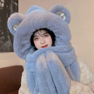Bear hat for women in autumn and winter cute plush hat thickened warm scarf integrated hooded scarf gloves three-piece set