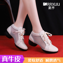 Dance shoes female soft bottom genuine leather in heel square dance shoes with jazz dance shoes Four Seasons Black sailors dance shoes summer