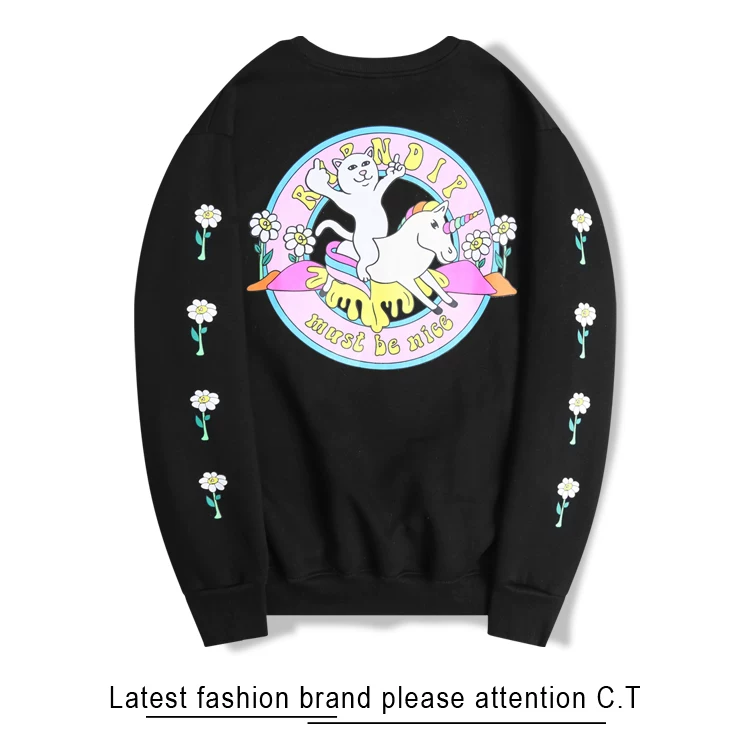 Футболка с принтом RIPNDIP: кот с средним пальцем, тиг-ди, рыцарь-кот и единорог, повседневная, универсальная, простая круглая горловина, толстый хлопок, для мужчин и женщин