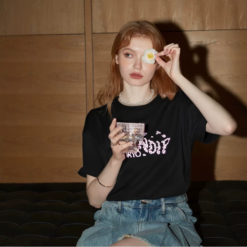 Американский модный бренд RIPNDIP маленький кот средней пальцем коротким рукавом футболка Cherry B Tee Sakura Cat Мужчинам и Женщинам та же модель