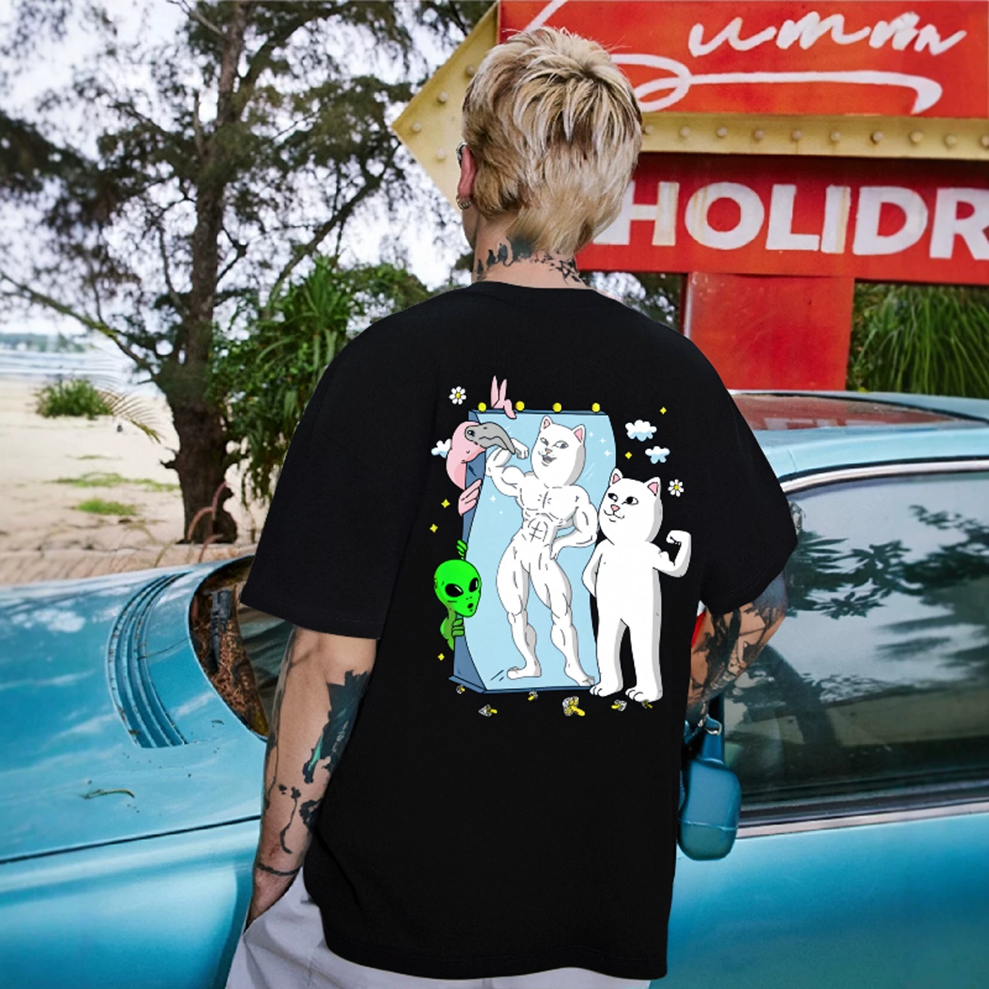 Американская модная футболка RIPNDIP с короткими рукавами и изображением среднего пальца, для мужчин и женщин, пары, зеркальные отражения, красивый мужчина и кот MAGIC MIRROR