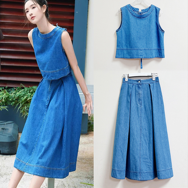 Wang Yuwen's Same Style Blue Denim Vest Camisole Bow Top Denim Skirt Half Skirt Suit for Women