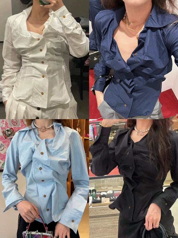 [in Stock] Saturn Classic Drunkard Shirt Embroidered Ruched Irregular Design Top Slim Fit High-End