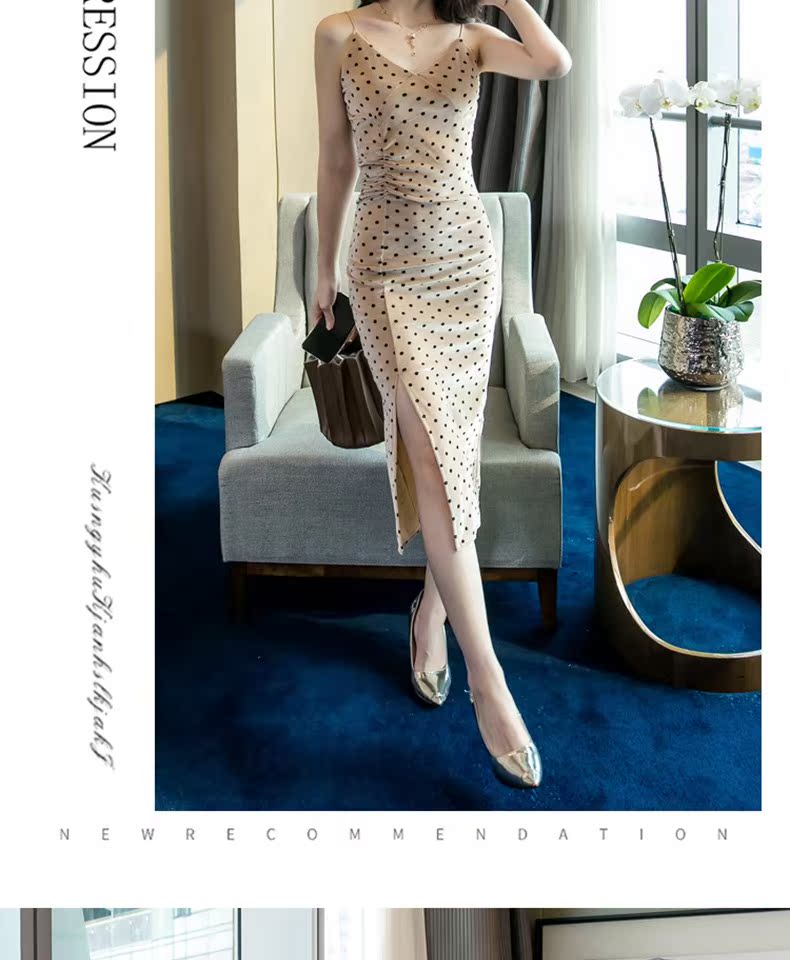 Rất đẹp cổ tích Pháp váy 2019 khí chất mùa hè gợi cảm của phụ nữ túi hip sóng điểm sling váy dài phần - Váy eo cao 	váy hạ eo xếp ly	