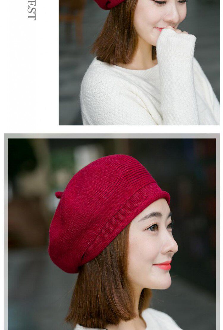 贝雷帽子女秋冬季韩版日系百搭羊毛针织毛线帽英伦画家帽冬天保暖详情10