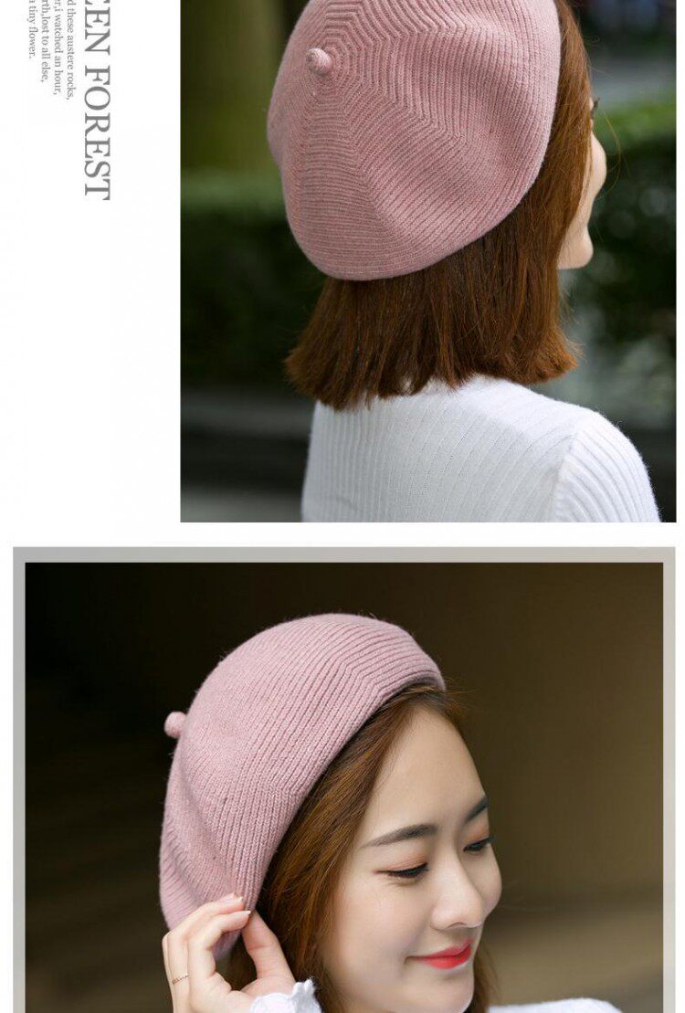 贝雷帽子女秋冬季韩版日系百搭羊毛针织毛线帽英伦画家帽冬天保暖详情7