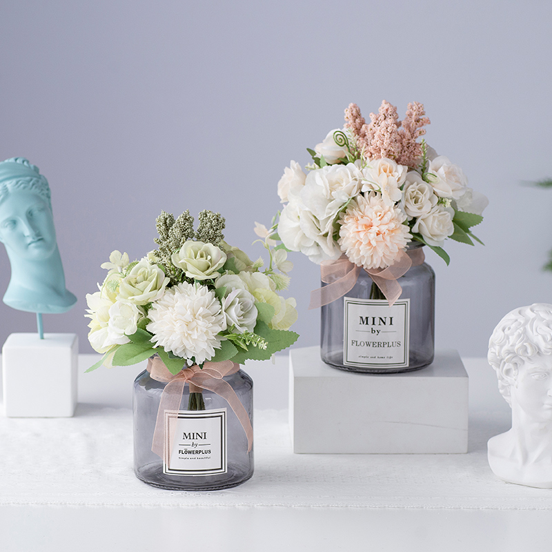 Carnation simulation flower March 8 Women's Day gift rose bouquet glass bottle set fake flower living room decoration desktop