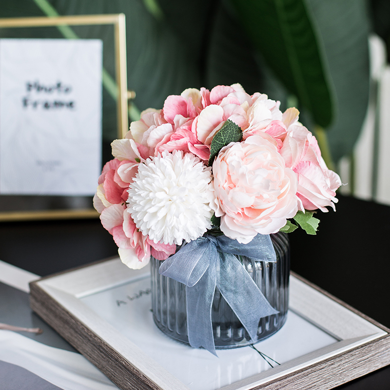 Nordic simulation flower hydrangea art fake flower glass bottle ornaments Living room table decoration potted shooting props