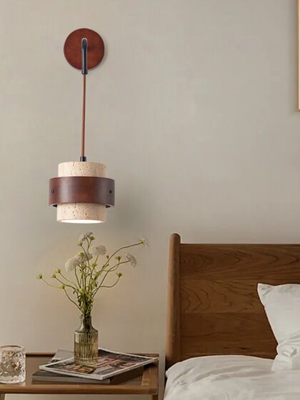 Solid Wood Wabi-Sabi Style Bedroom Bedside Wall Lamp, Yellow Travertine, Mid-Century Cream Style Living Room Hallway Designer Retro Guesthouse