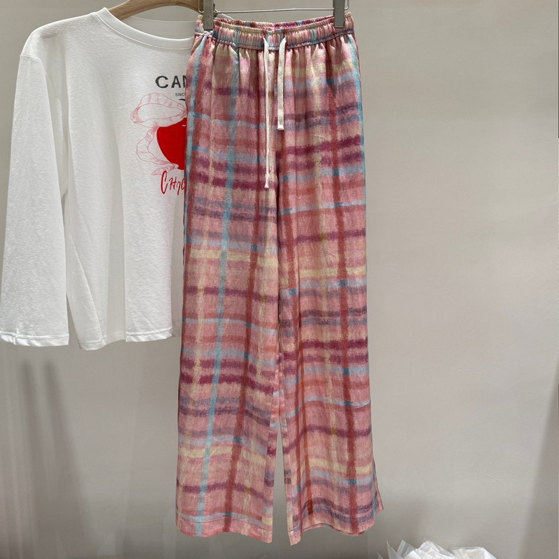 Korean Style European Tencel Linen Pink Plaid Wide-Leg Pants for Women, Summer 2026 New Versatile High-Waisted Casual Floor-Length Pants