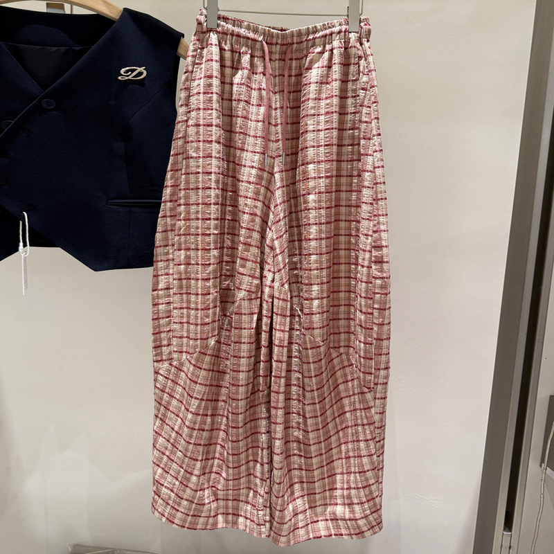Korean Style European Pink Plaid Wide-Leg Pants for Women, Summer 2026 New Versatile Elastic Waist Pure Cotton Floor-Length Casual Pants