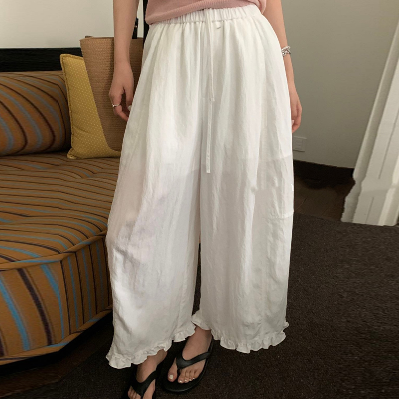 Korean Style Ruffled Tencel Linen Wide-Leg Pants for Women, Summer 2026 New Style, Elastic Waist, Petite Casual Cropped Pants