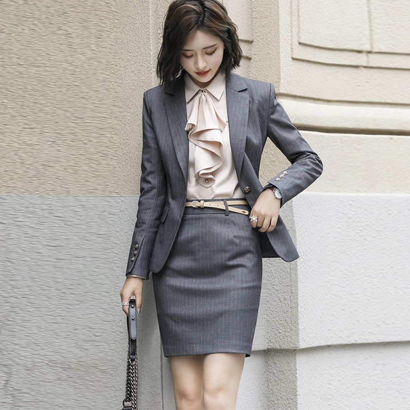 Career suit women 2022 autumn and winter new striped coat horse vessel long sleeve dress interview hotel work suit