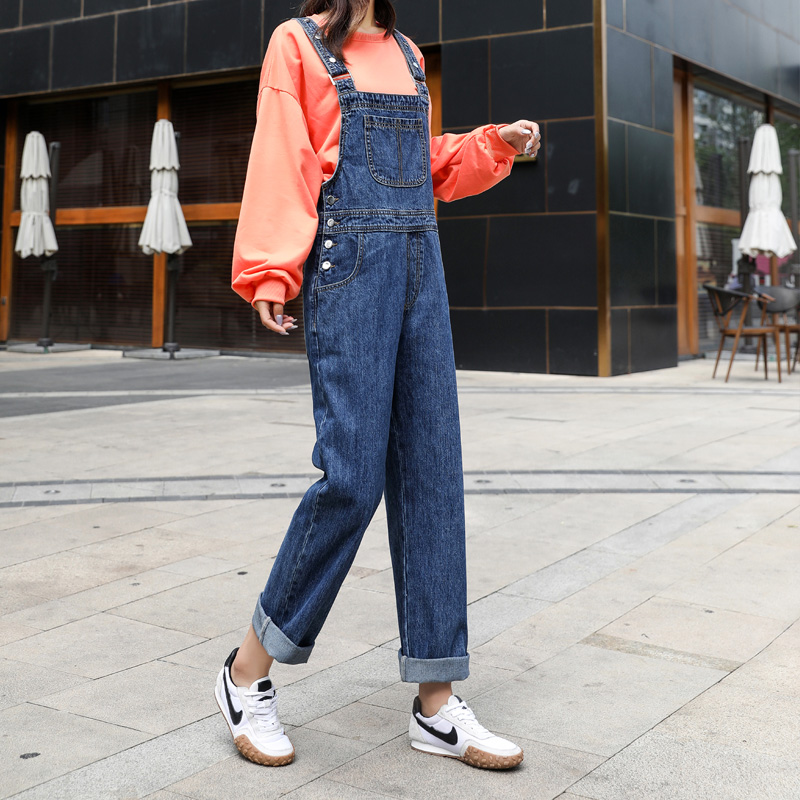Jeans baby bag pants Women's trousers Korean summer loose straight high waist wide pants Thin overalls thin section