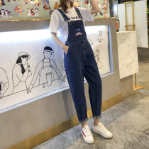 2021 summer new age-reducing denim bib pants female Korean version loose one-piece pants straight nine-point pants short tide