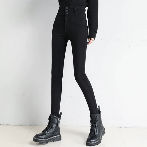 Синие цветные флисовые джинсы с начесом, демисезонные эластичные штаны, карандаш, высокая талия, по фигуре, в обтяжку