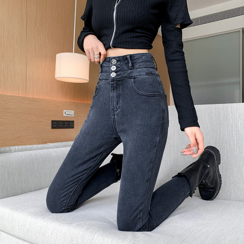 Grey high waist jeans Women in summer new elastic workout smoke tube pants slim fit and high tight pencil long pants