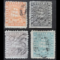 British Guiana 1860s colonial heraldic sailing ship stamps 4 pieces canceled