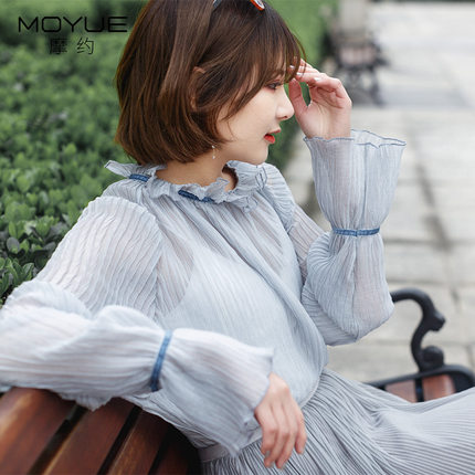 chic早秋上衣慵懒喇叭袖荷叶边女仙女长袖雪纺