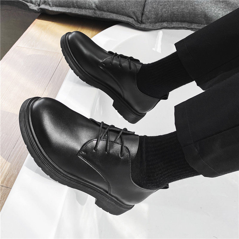 Autumn Leather Shoes for Men, Korean Style Trendy Casual Youth British Round-Toe Black Leather Shoes, Business Formal Suit Shoes
