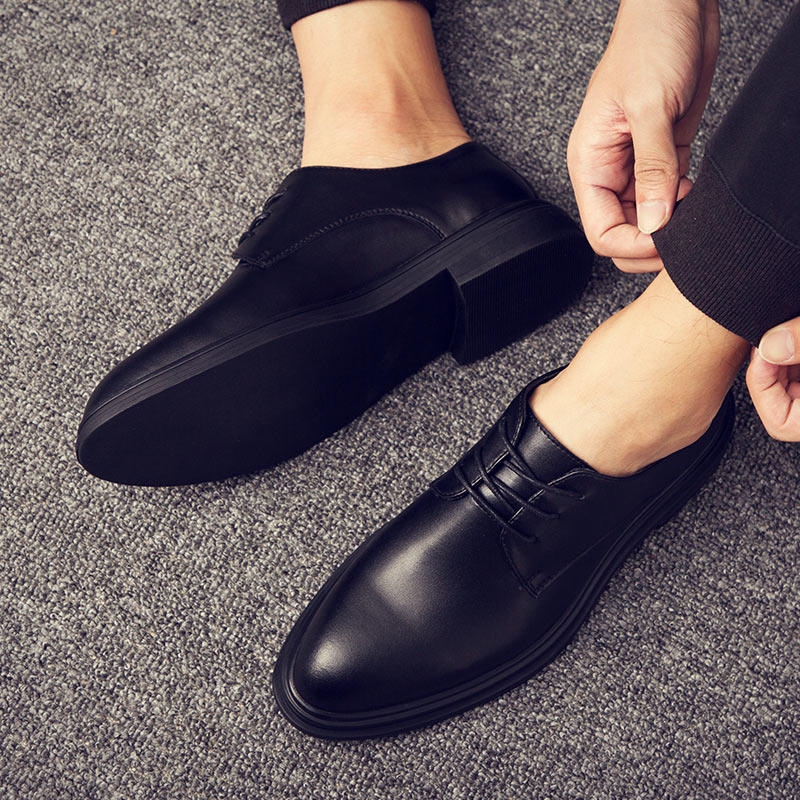 Autumn British Style Men's Leather Shoes, Genuine Leather, Soft Leather, Business Formal Wear, Soft Sole, Pointed Toe, Casual Thick Sole, Height-Increasing Wedding Groom Shoes
