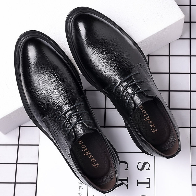 Autumn Derby Leather Shoes for Men, Genuine Leather, Soft Sole, Business Formal Wear, Casual Thick Sole, Height-Increasing, British Style, Black Groom Wedding Shoes